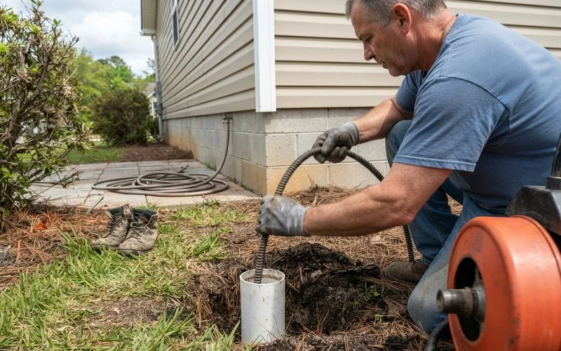 A plumbing technician feeding a drain snake cable into an exterior cleanout access point outside a residential home