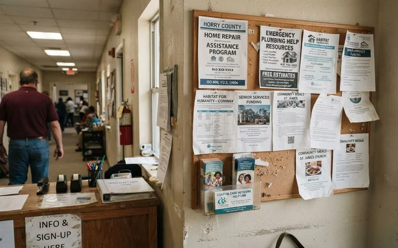 A community volunteer organization sign posted outside a South Carolina home repair assistance office that helps low-income homeowners with urgent repairs