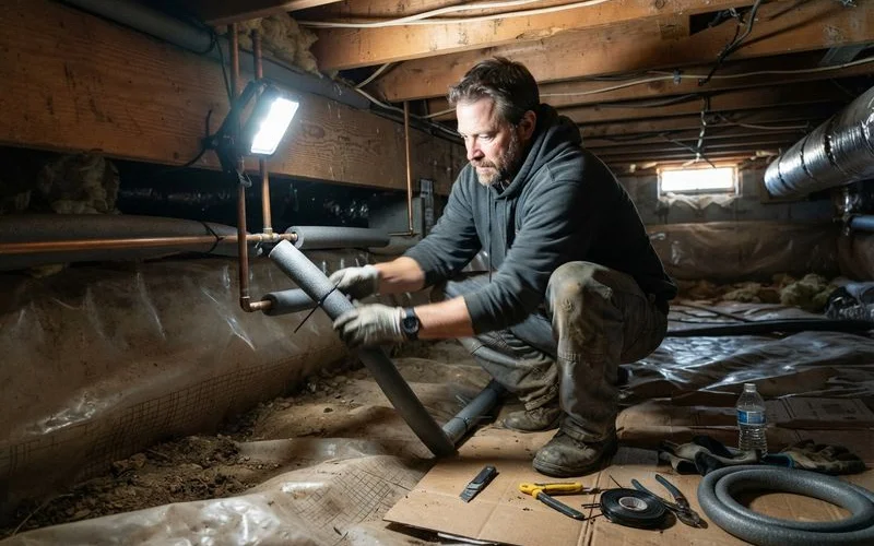 Foam pipe insulation sleeves being installed around exposed water supply pipes in a crawlspace to prevent freeze damage