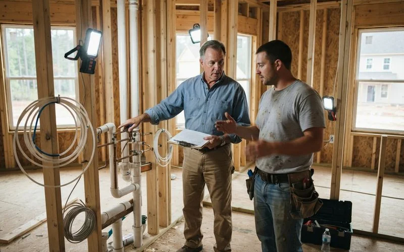A local building inspector reviewing exposed rough-in plumbing work against South Carolina code requirements before the walls are closed with drywall