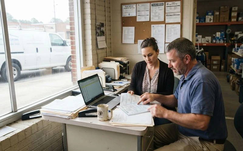 A property manager reviewing a contractor's license and insurance certificate documents before approving commercial plumbing work