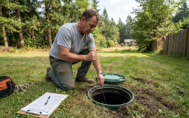 A South Carolina septic system drain field being inspected, showing distribution lines and access risers in a residential yard
