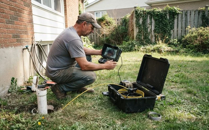 A plumber in protective boots and gloves using a video inspection camera to check a residential sewer line after a backup