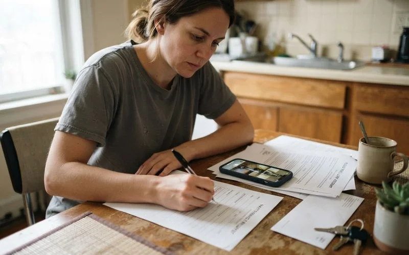 A tenant reviewing a written repair request letter alongside a lease agreement at a kitchen table in a rental apartment