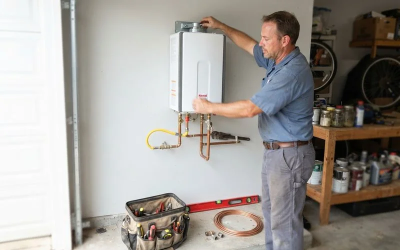 A wall mounted tankless water heater installed above a laundry sink, showing compact venting and gas line connections in a home utility closet